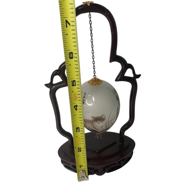 Chinese painted glass egg redwood stand cat butterfly reverse paint 7.5" - Picture 12 of 16